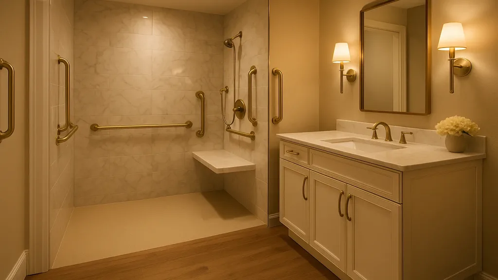 Accessible luxury bathroom with curbless shower, grab bars, and heated floors