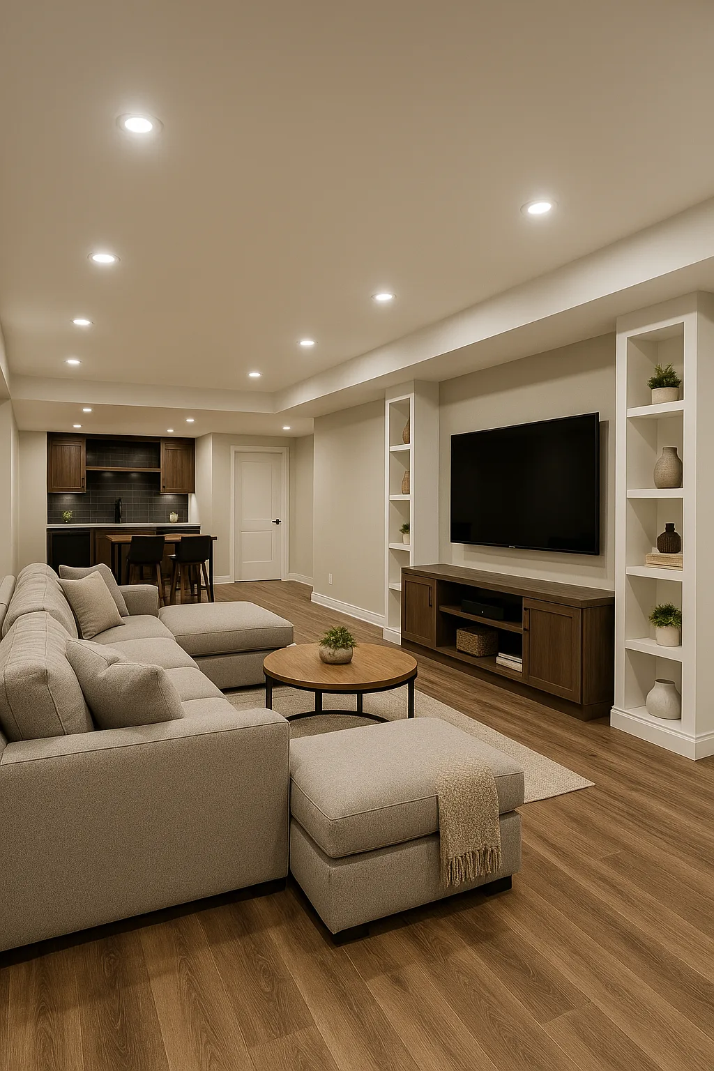 Modern finished basement with living area, built-in shelving, and comfortable lighting