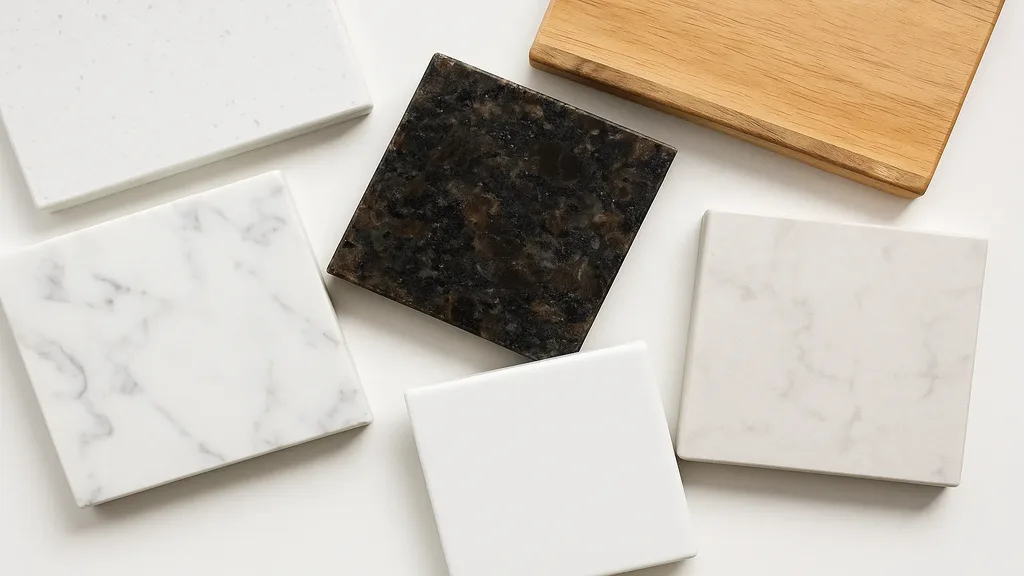 Kitchen countertop material samples showing quartz, granite, marble, and butcher block