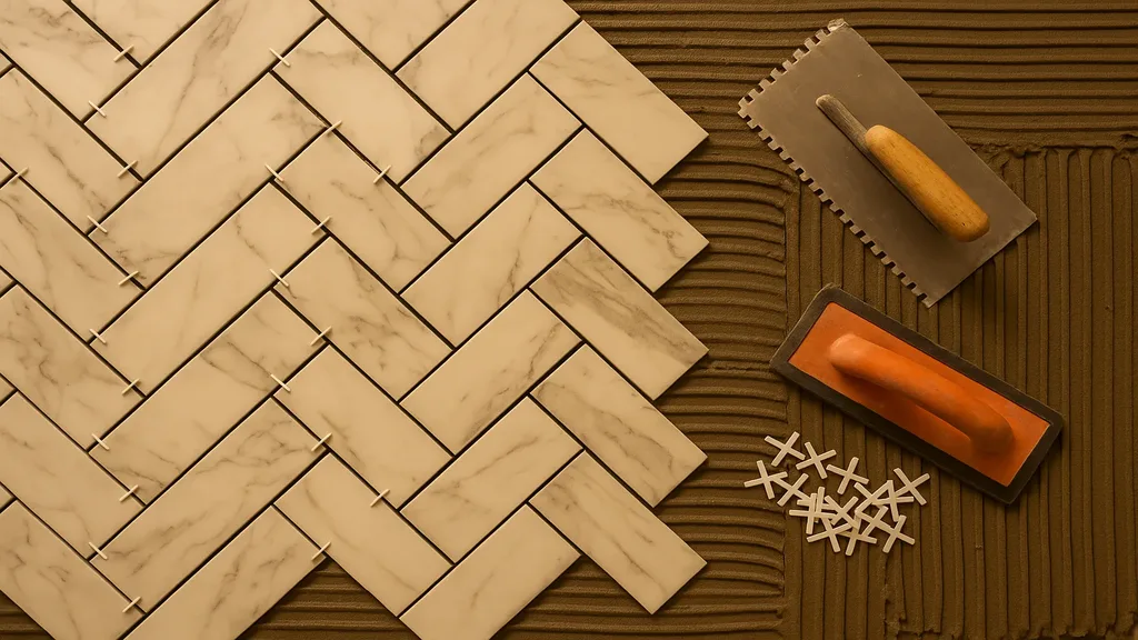 Herringbone pattern marble tile on a bathroom floor with natural light
