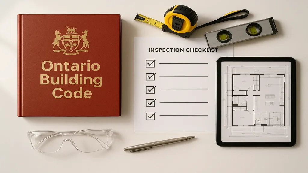 Ontario Building Code reference documents and construction plans on a desk