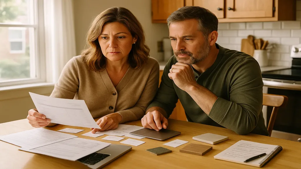 Homeowner reviewing renovation contractor documents including WSIB and insurance certificates at a kitchen table in Ontario