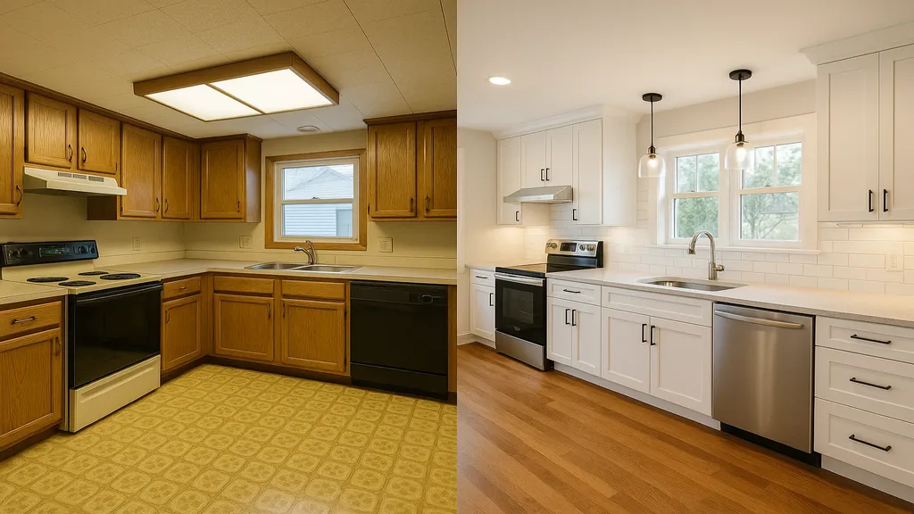 Before and after kitchen renovation comparison showing dramatic value transformation in a Niagara Region home