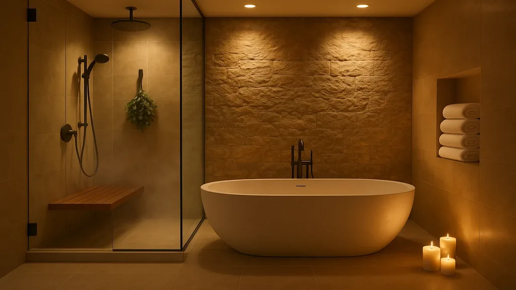 Spa-inspired luxury bathroom with freestanding soaker tub, natural stone, and ambient lighting